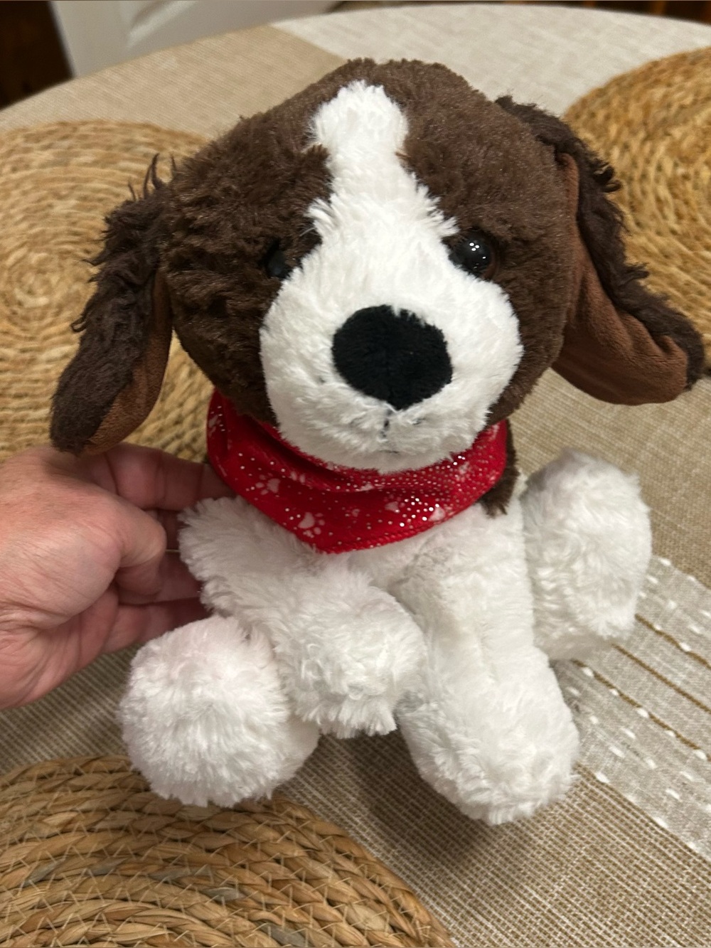 Brown White Red Paw Glitter Scarf Puppy Dog Plush Stuffed Animal 10" holiday